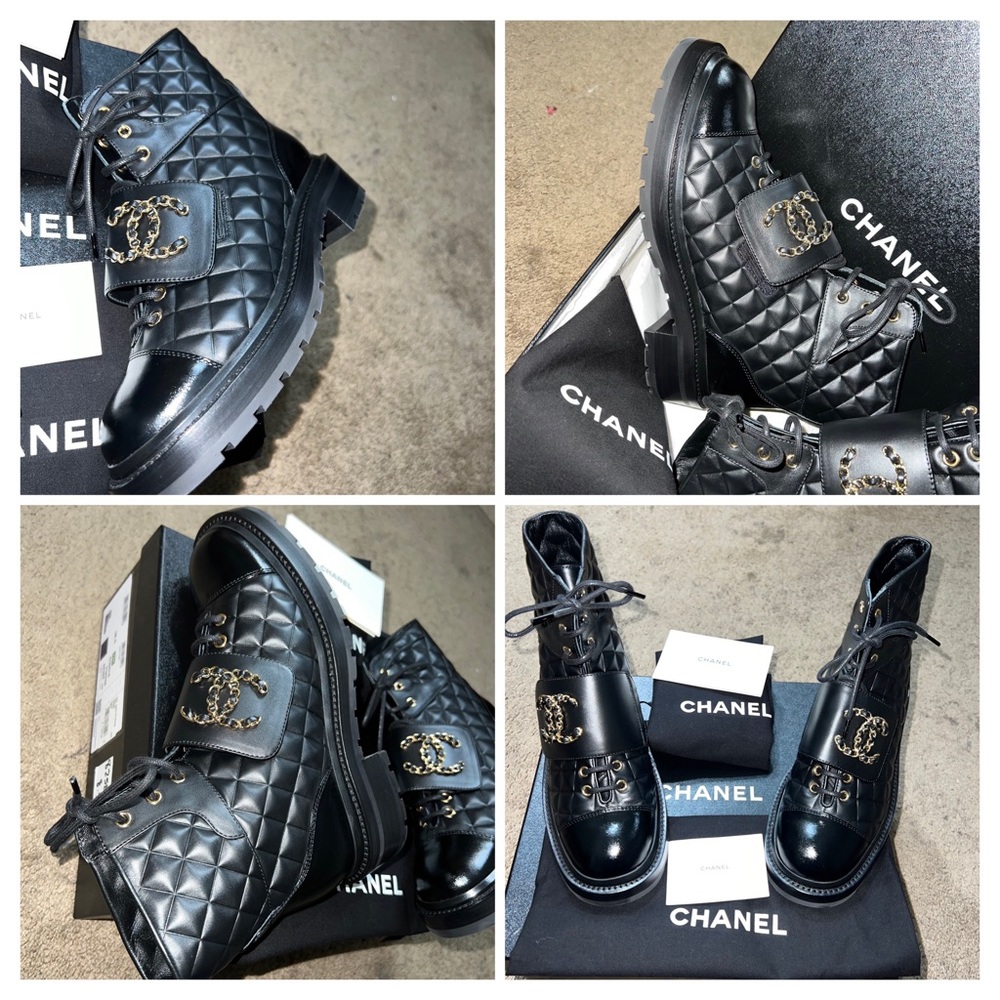 Chanel Lace Up Calfskin & Shiny Calfskin Leather Boots - Picture 11 of 16
